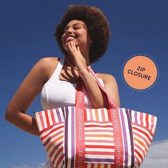 Victoria’s Secret pink and orange stripe zipper tote bag - Picture 5 of 7